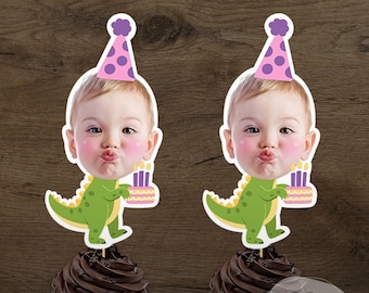 Print-It-Yourself (Digital Copy), Custom Photo Cupcake Toppers, Personalised Cartoon Dinosaur Cake Toppers, Dinosaur T-rex Party Decoration