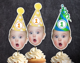 Print-It-Yourself (Digital Copy), Custom Photo Cupcake Toppers, Personalised Blue Green Yellow Birthday Hat Cake Toppers, First 1st Birthday