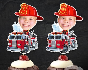 Print-It-Yourself (Digital Copy),  Custom Photo Cupcake Toppers, Personalised Fire Engine Cake Toppers, Fire Truck Fireman Birthday Theme