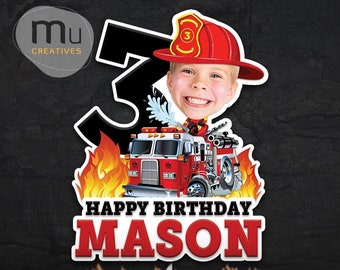 Print-It-Yourself (Digital Copy), Photo Custom Firefighter Birthday Cake Toppers, Personalised Fire Truck Party, Boys Girls Kids Birthday