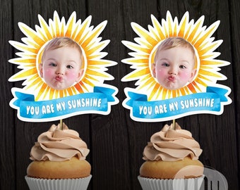 Print-It-Yourself (Digital Copy), Custom Photo Cupcake Toppers, Personalised Sunshine Birthday Topper, 'You Are My Sunshine' Birthday Theme