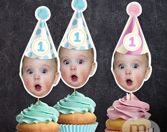 Print-It-Yourself (Digitale Kopie), Benutzerdefinierte Foto-Cupcake-Topper, Personalisierter Geburtstagshut-Kuchendeckel, Babyrosa, Babyblau-Party-Thema