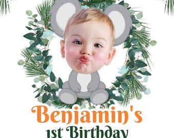 Invito di compleanno personalizzato con foto a tema koala, invito digitale per la festa Wild One Safari (download digitale)