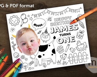 Tovaglietta da colorare personalizzata con tema fattoria e mucca, attività per bambini con foto personalizzata (download digitale)