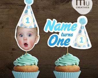 Canva Blue Birthday Hat Custom Face and Name Party Topper Template (Digital Download)
