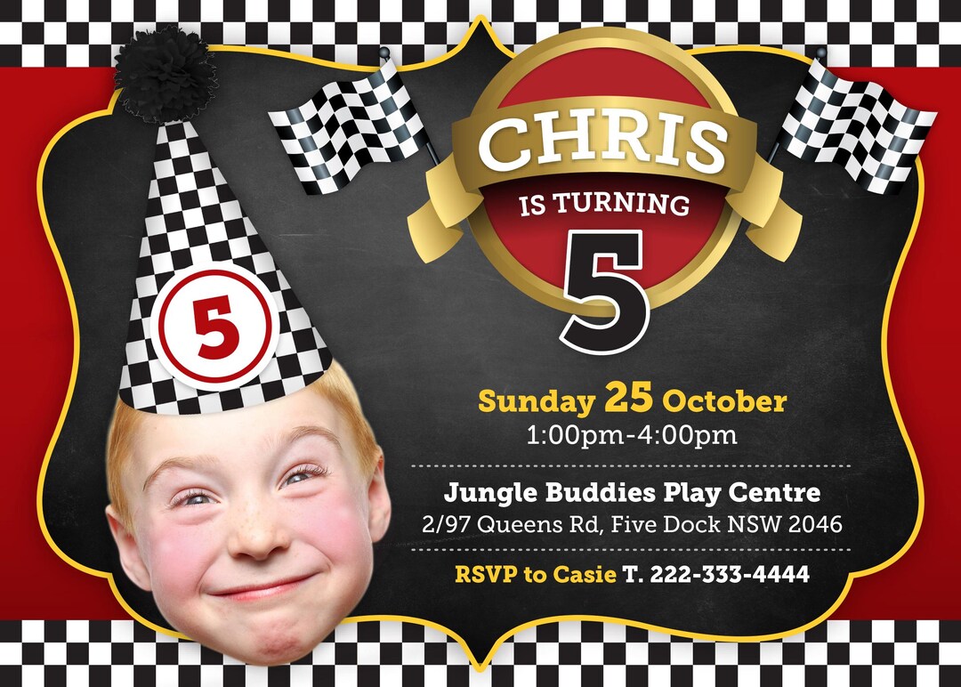 Personalized Photo F1 Race Car Invitation, Checkered Flag Party Digital ...