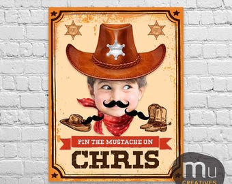 Personalized Photo Cowboy Birthday Party Game, Pin the Mustache Custom Kids Activity (Digital Download)