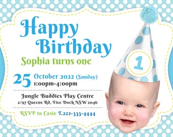Invito di compleanno personalizzato con foto e cappello azzurro, invito digitale per feste per bambini (download digitale)