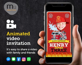 Personalized Fire Truck Birthday Video Invitation, Custom Firefighter Photo Animation (Digital Download)