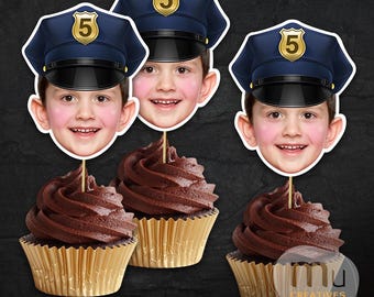 Topper per cupcake personalizzati con foto di cappelli da poliziotto, tema personalizzato per il compleanno dei bambini a tema polizia (download digitale)