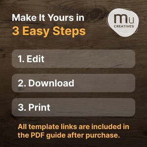 May include: A graphic with the text "Make It Yours in 3 Easy Steps." The steps are "Edit," "Download," and "Print." The image includes a logo for "mu CREATIVES" and the text "All template links are included in the PDF guide after purchase."