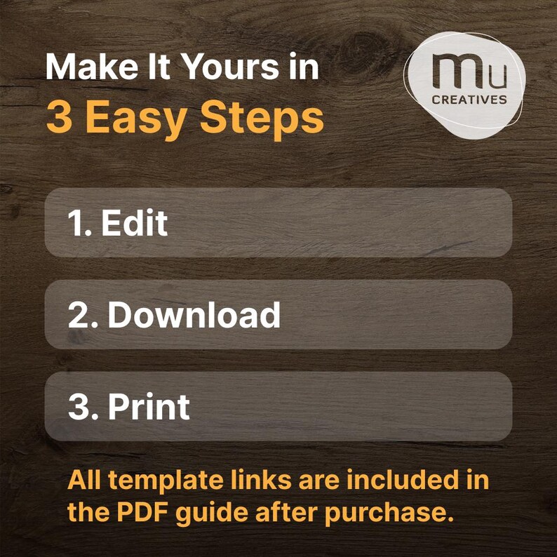 May include: A graphic with the text "Make It Yours in 3 Easy Steps." The steps are "Edit," "Download," and "Print." The image includes a logo for "mu CREATIVES" and the text "All template links are included in the PDF guide after purchase."