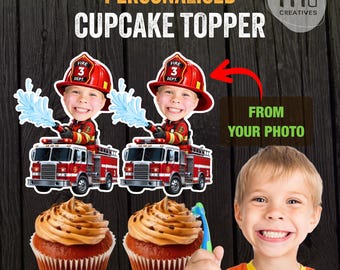 Decorazioni personalizzate per cupcake a tema pompieri / Festa di compleanno con camion dei pompieri / Decorazione personalizzata con foto / Compleanno per bambini / PDF stampabile