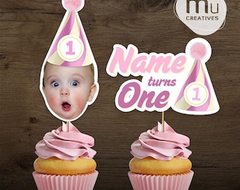 Canva Pink Birthday Hat Template Custom Face and Name Party Topper (Digital Download)