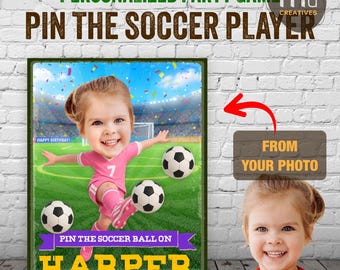 Gioco personalizzato "Attacca il pallone da calcio" per feste di compleanno / Festa di compleanno a tema calcio per bambine / Poster personalizzato con foto / Compleanno per bambini