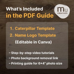 May include: A graphic with text that reads "What's Included in the PDF Guide." The guide includes a Caterpillar Template, Name Logo Template (Editable in Canva), step-by-step video tutorials, a photo background removal link, and a printing guide for 6x4" photo size.