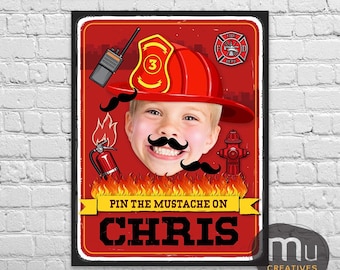 Personalized Photo Firefighter Fire Truck Party Game, Pin the Mustache Kids Activity (Digital Download)