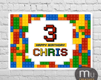 Print-It-Yourself (Digitale Kopie), Benutzerdefiniertes Bausteine-Logo, personalisierter Spielzeug-Block-Kulisse, Unisex-Geburtstags-Party-Fahne