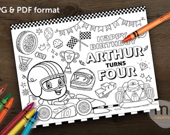Personalized F1 Race Car Birthday Coloring Placemat, Custom Kids Activity (Digital Download)