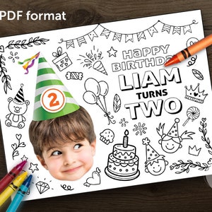 Print-It-Yourself Digital Copy, Personalised Photo Digital Coloring Placemat, Custom Red Orange Green Blue Birthday Hat Coloring Sheets image 7