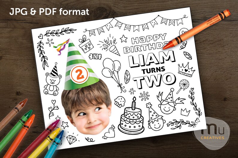Print-It-Yourself Digital Copy, Personalised Photo Digital Coloring Placemat, Custom Red Orange Green Blue Birthday Hat Coloring Sheets image 7