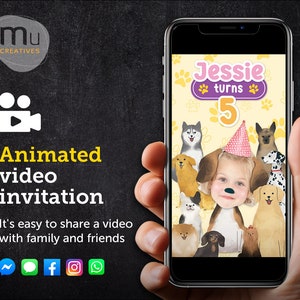 Digital Video Invitation, Personalised Photo Video Invite, Dog Doggy Puppy Pet Adoption Birthday Party, Paw Pawty Party Theme