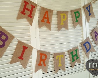 Custom Burlap Banner with Rainbow Color Letters, Personalized Party Decor