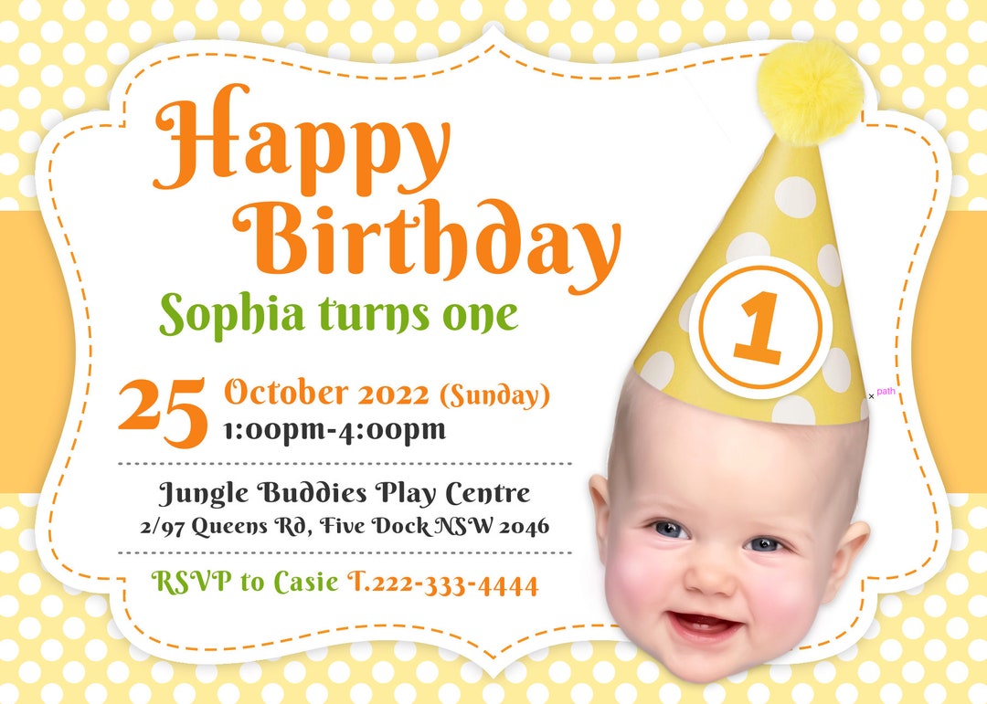 Personalized Photo Birthday Hat Invitation, Custom Yellow Party Digital ...