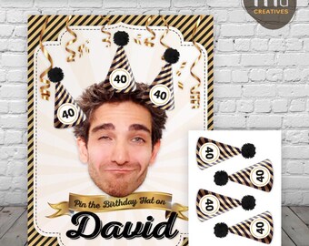 Personalized Photo Birthday Party Game, Pin the Birthday Hat Custom Milestone Activity (Digital Download)