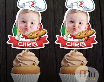 Personalized Italian Chef Hat Pizza Cupcake Toppers, Custom Photo Birthday (Digital Download)