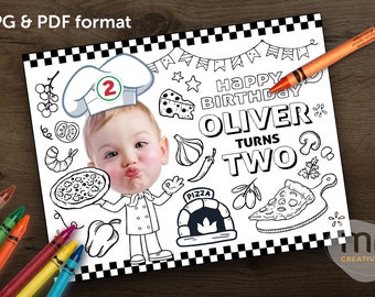 Personalized Italian Pizza Chef Birthday Coloring Placemat, Custom Photo Kids Activity Sheet (Digital Download)