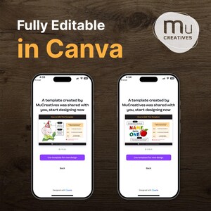 May include: Image showcasing two smartphones displaying editable templates in Canva. The text "Fully Editable in Canva" is at the top. The templates feature designs with illustrations and text, including "NAME turns ONE". The MuCreatives logo is visible.