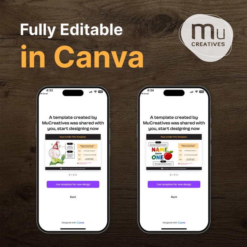 May include: Image showcasing two smartphones displaying editable templates in Canva. The text "Fully Editable in Canva" is at the top. The templates feature designs with illustrations and text, including "NAME turns ONE". The MuCreatives logo is visible.