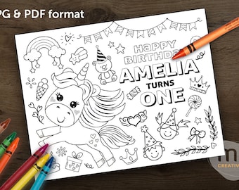 Personalized Unicorn Birthday Coloring Placemat, Kids Activity Sheet (Digital Download)
