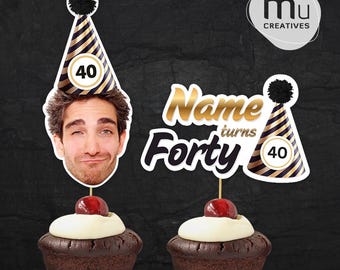 Canva Gold Stripe Birthday Hat Custom Face and Name Party Topper Template (Digital Download)