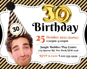 Invito di compleanno personalizzato con foto e cappello nero dorato, invito digitale per festa di laurea (download digitale)