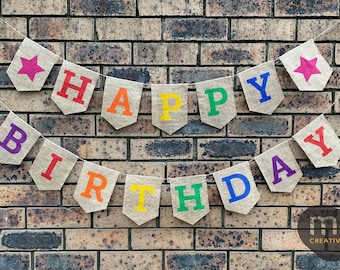 Personalized Colorful Burlap Birthday Party Banner Custom Name Garland