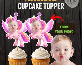 Decorazioni personalizzate per cupcake a tema unicorno / Festa magica arcobaleno / Personalizzabili con la tua foto / Compleanno per bambine / File digitale stampabile