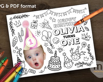 Personalized Birthday Hat Coloring Placemat with Photo, Baby Pink Blue Party Hat (Digital Download)