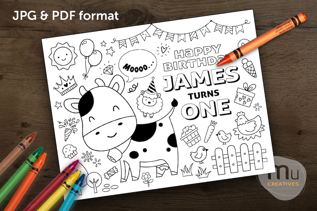 Personalized Farmhouse Farm Cow Birthday Coloring Placemat, Custom Kids ...