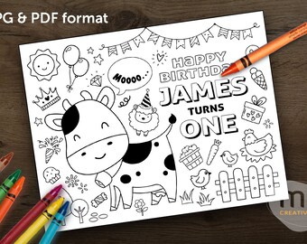 Personalized Farmhouse Farm Cow Birthday Coloring Placemat, Custom Kids Activity (Digital Download)
