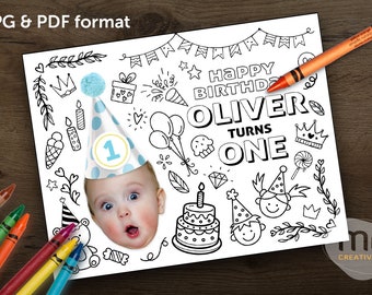 Print-It-Yourself (Digital Copy), Personalised Photo Digital Coloring Placemat, Custom Birthday Hat Coloring Sheets, Baby Blue, Baby Pink