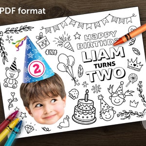 Print-It-Yourself Digital Copy, Personalised Photo Digital Coloring Placemat, Custom Red Orange Green Blue Birthday Hat Coloring Sheets image 5