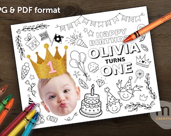 Personalized Gold Crown Photo Birthday Coloring Placemat, Custom Kids Activity (Digital Download)