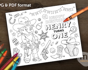 Print-It-Yourself (Digital Copy), Personalised Photo Digital Coloring Placemat, Custom Cowboy Coloring Sheets, Rodeo Birthday Party