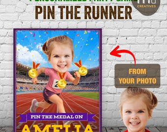 Poster personalizzato per il gioco di corsa per bambine / Attacca la medaglia al corridore / Festa di compleanno a tema corsa per bambine / Gioco fotografico personalizzato / Stampabile