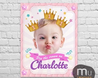 Personalized Photo Princess Birthday Party Game, Pin the Gold Crown Custom Kids Activity (Digital Download)