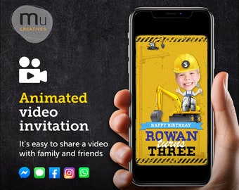 Personalized Construction Birthday Video Invitation, Custom Face Animated Invite (Digital Download)