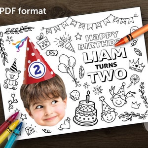 Print-It-Yourself Digital Copy, Personalised Photo Digital Coloring Placemat, Custom Red Orange Green Blue Birthday Hat Coloring Sheets image 1