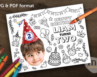 Print-It-Yourself (Digital Copy), Personalised Photo Digital Coloring Placemat, Custom Red Orange Green Blue Birthday Hat Coloring Sheets